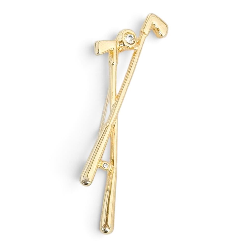 Vintage Gold Tone Golf Clubs Bar Brooch Crossed Clubs Rhinestone Pin 2.75"